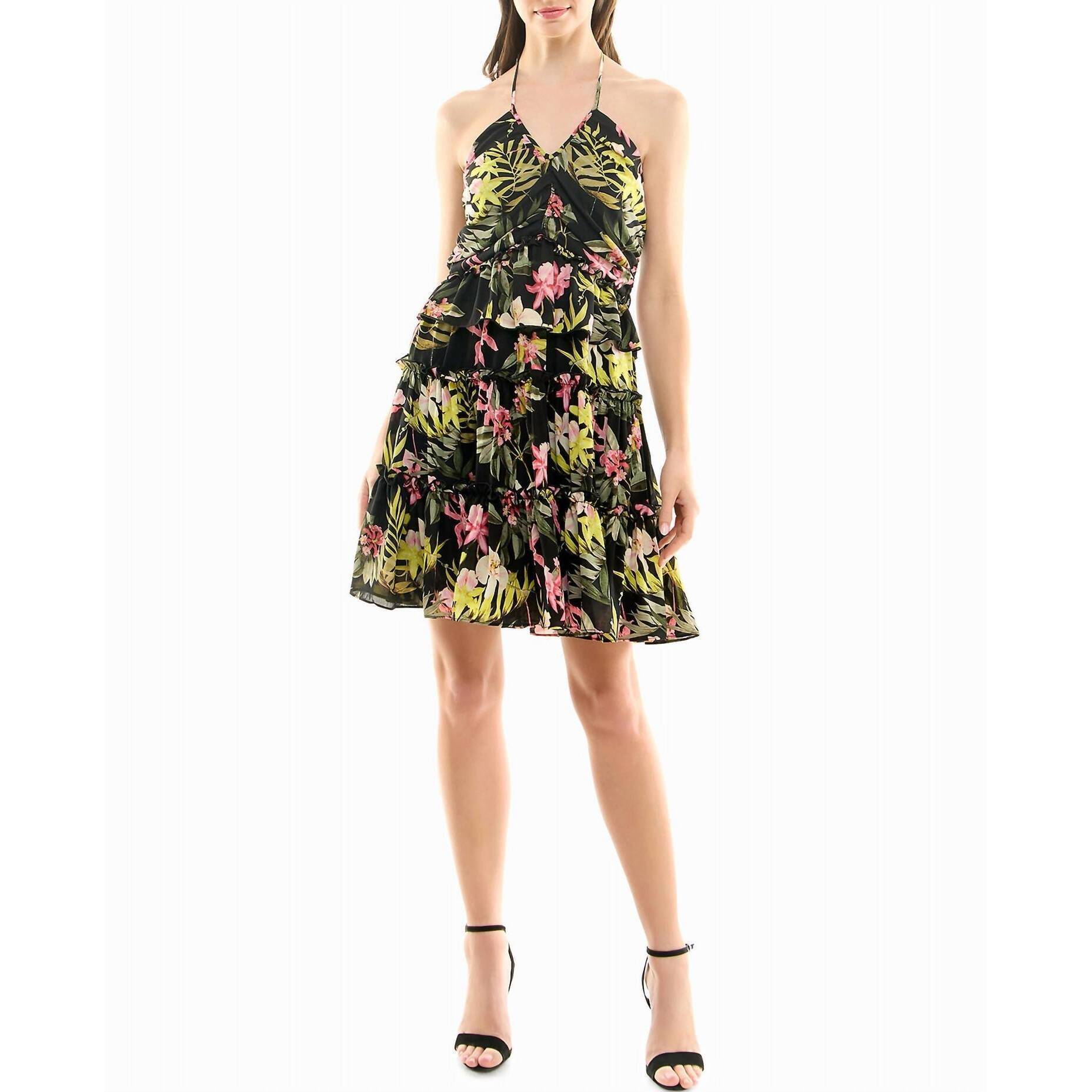 New Nicole Miller Presley Chiffon Tiered Halter Dress In Black Beauty
